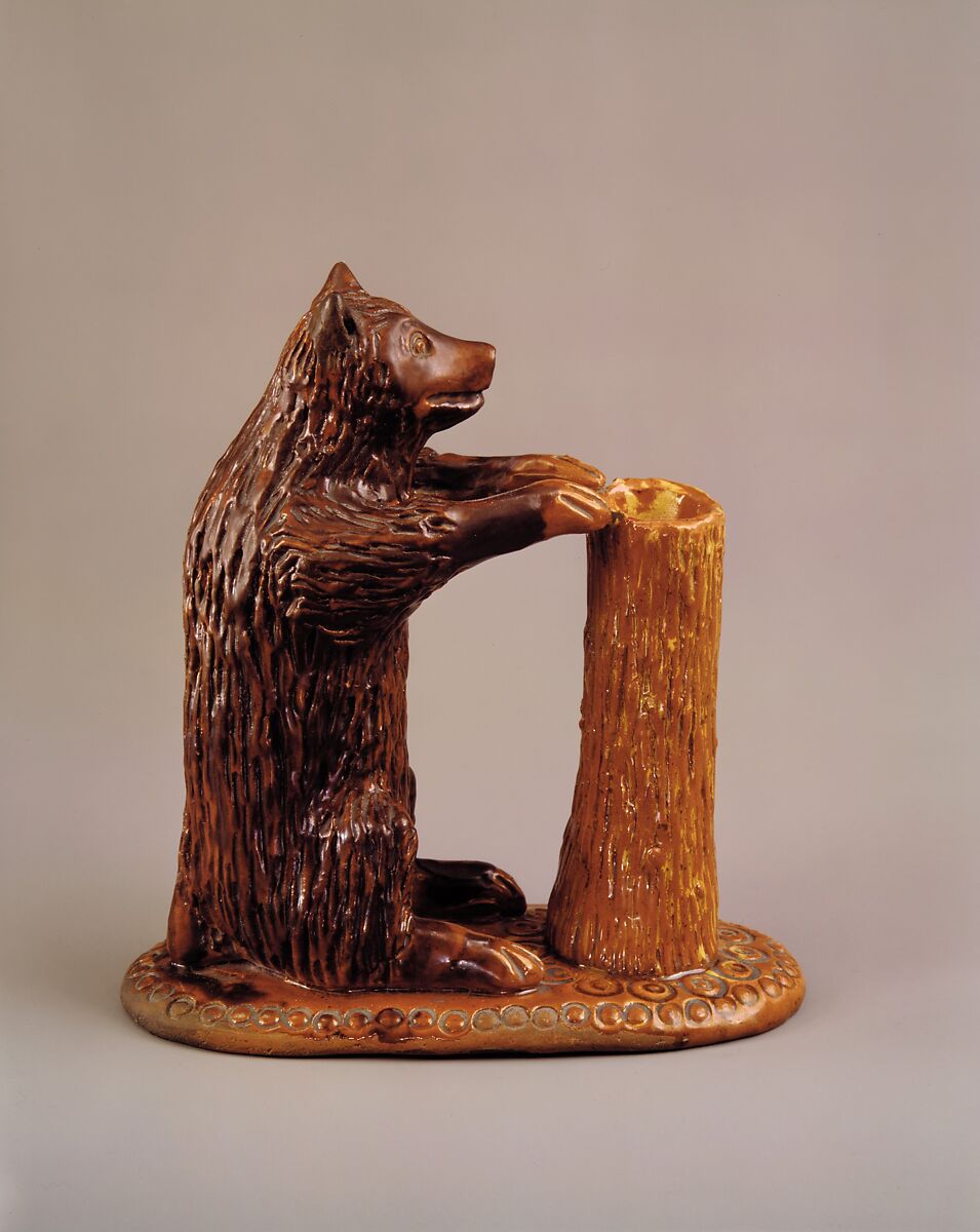 Bear figure and spill holder, Possibly Parker Pottery, Earthenware; Redware with slip decoration, American
