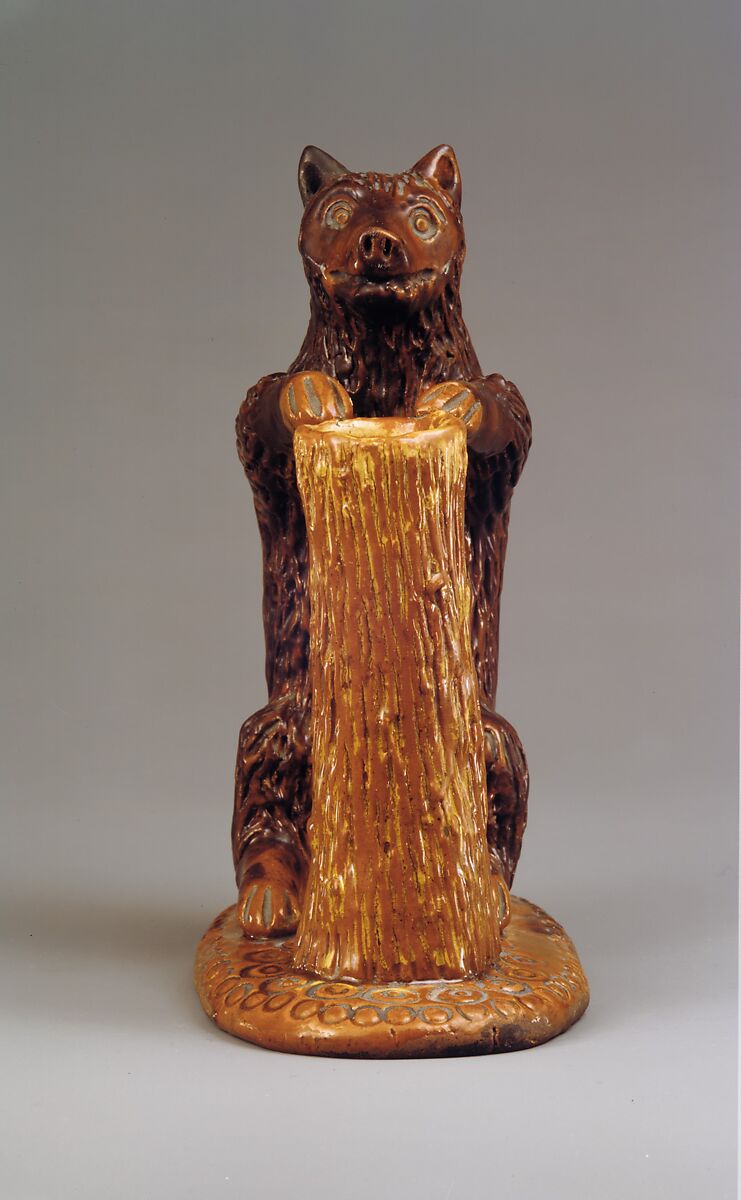 Bear figure and spill holder, Possibly Parker Pottery, Earthenware; Redware with slip decoration, American