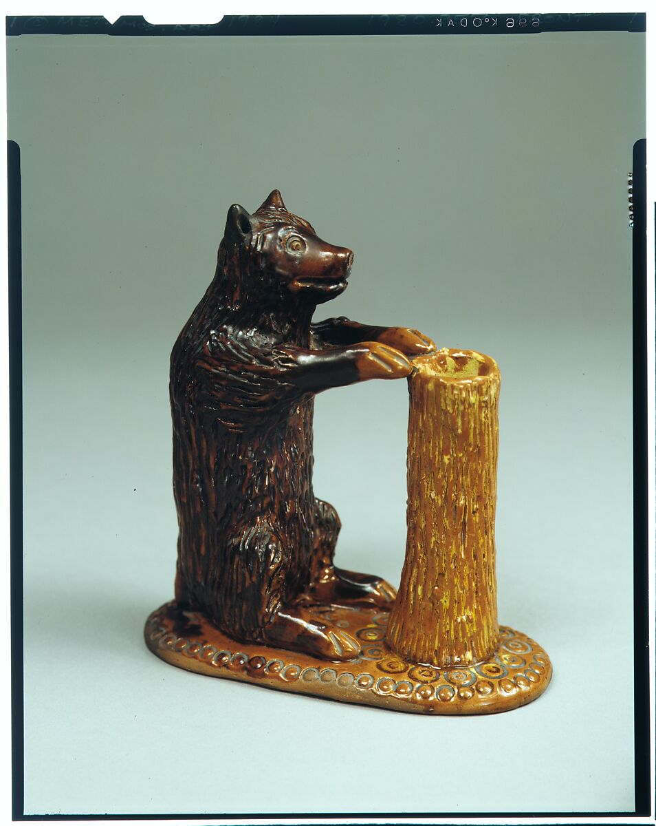 Bear figure and spill holder, Possibly Parker Pottery, Earthenware; Redware with slip decoration, American