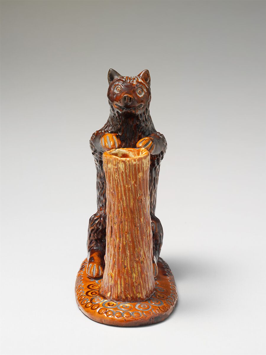 Bear figure and spill holder, Possibly Parker Pottery, Earthenware; Redware with slip decoration, American