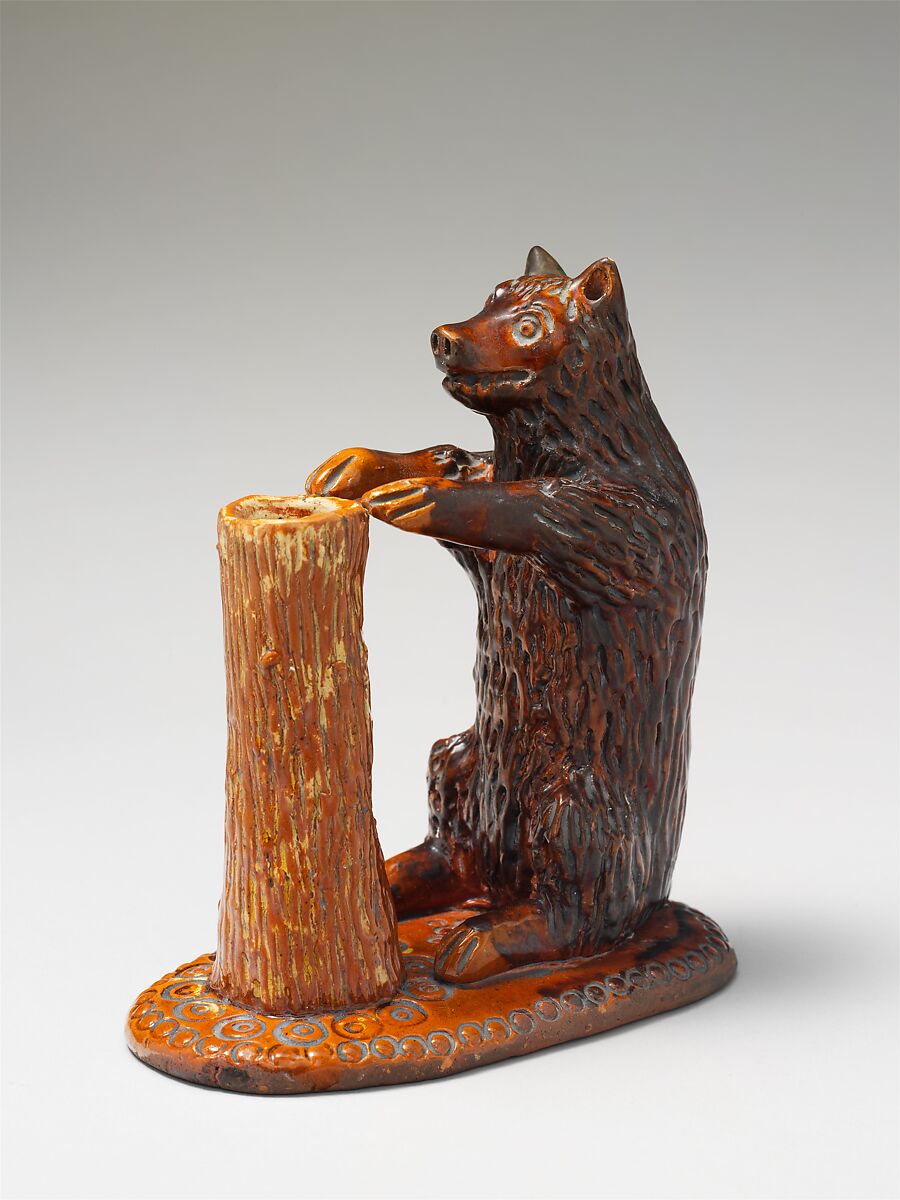 Bear figure and spill holder, Possibly Parker Pottery, Earthenware; Redware with slip decoration, American 