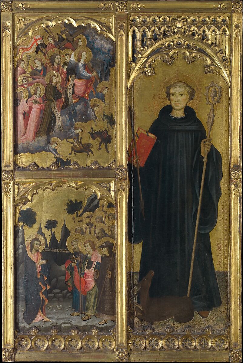 Saint Giles with Christ Triumphant over Satan and the Mission of the Apostles, Miguel Alcañiz (or Miquel Alcanyís) (Spanish, Valencian, active by 1408–died after 1447), Tempera on wood, gold ground 