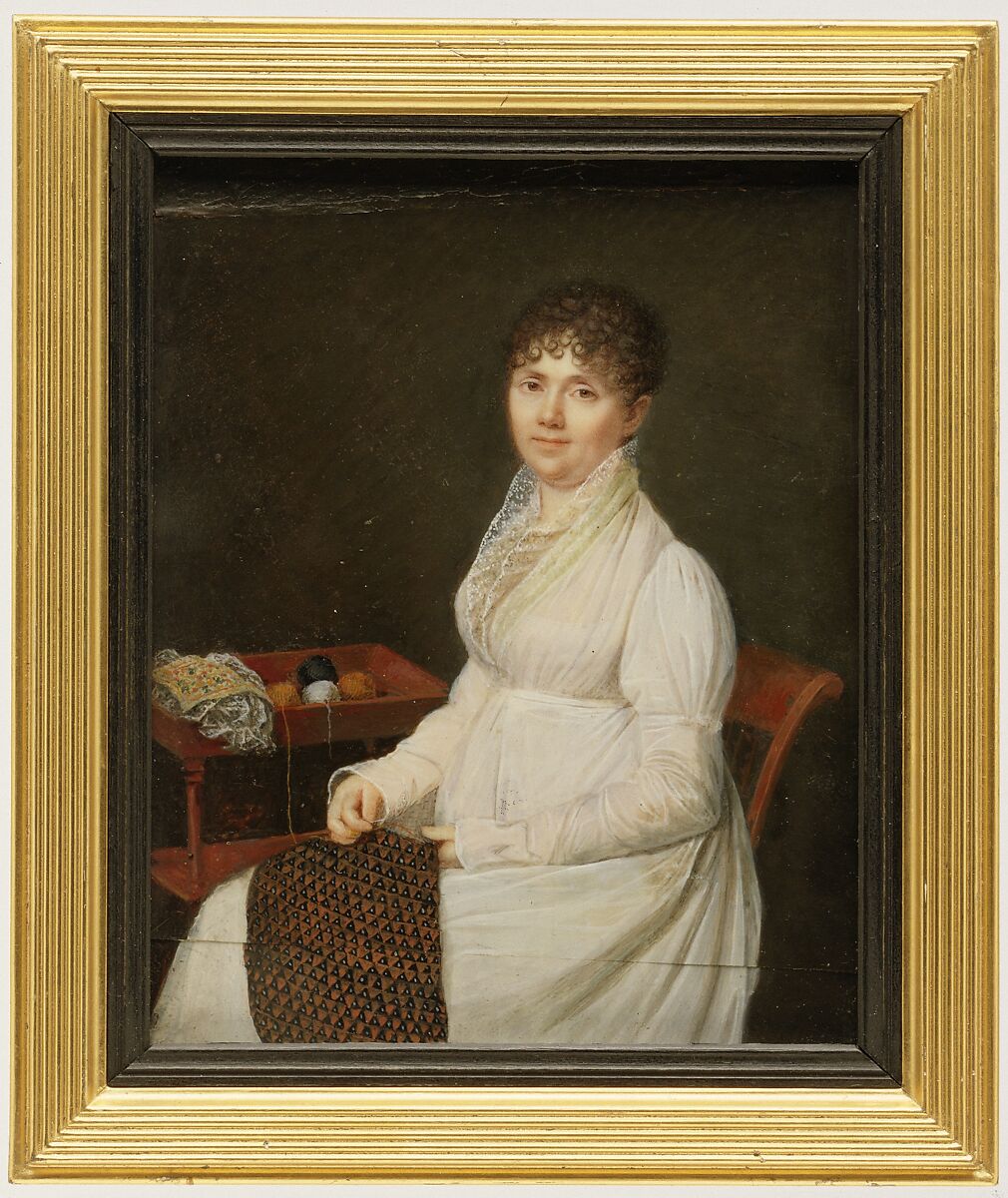 Portrait of a Woman with Tapestry Work, Style of Jean-Baptiste Jacques Augustin (ca. 1800–1810), Ivory extended by card 