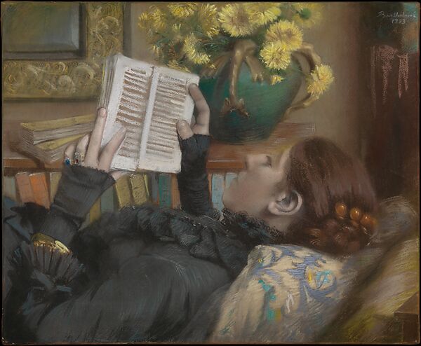 The Artist's Wife (Périe, 1849–1887) Reading, Albert Bartholomé (French, Thiverval 1848–1928 Paris), Pastel and charcoal on wove paper, laid down on blue wove paper, laid down on stretched canvas 