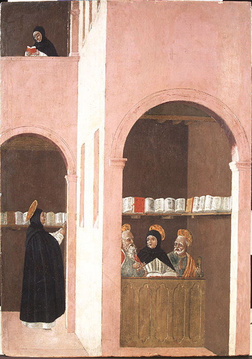 Saint Thomas Aquinas Aided by Saints Peter and Paul, Bartolomeo degli Erri (Italian, Modena, active 1460–79), Tempera on wood 