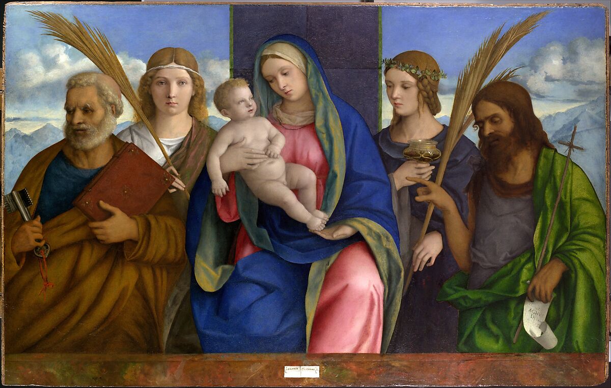 Madonna and Child with Saints, Giovanni Bellini (Italian, Venice, active by 1459–died 1516 Venice) and Workshop, Tempera and oil on wood 