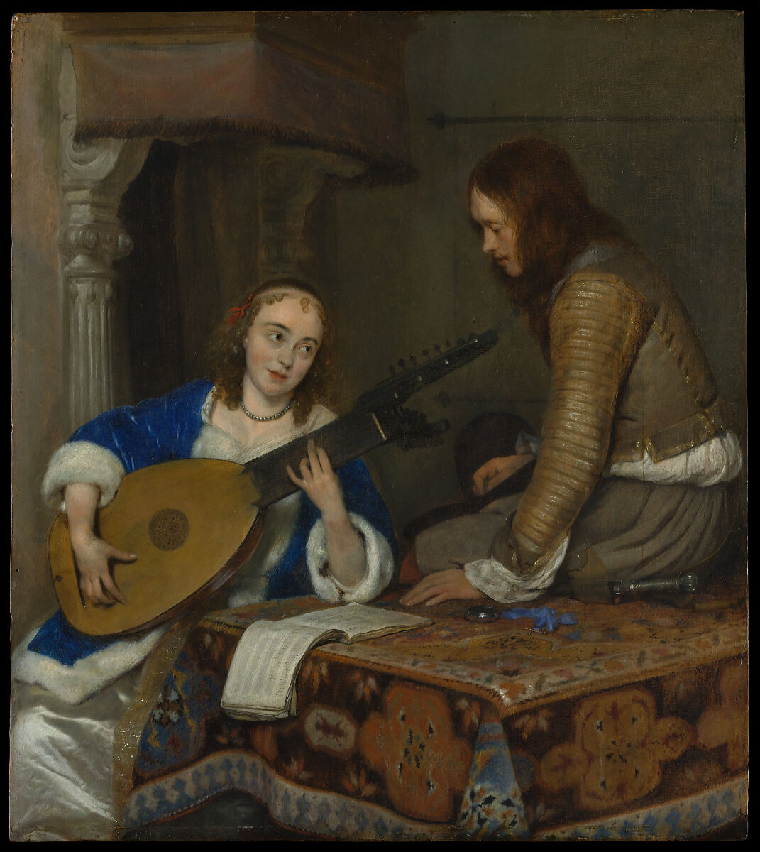 A Woman Playing the Theorbo-Lute and a Cavalier, Gerard ter Borch the Younger (Dutch, Zwolle 1617–1681 Deventer), Oil on wood 