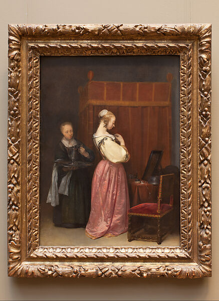 A Young Woman at Her Toilet with a Maid, Gerard ter Borch the Younger (Dutch, Zwolle 1617–1681 Deventer), Oil on wood