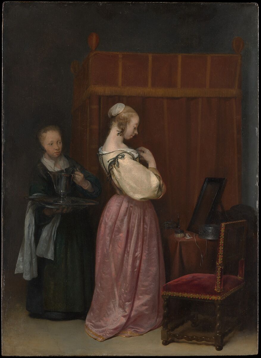 A Young Woman at Her Toilet with a Maid, Gerard ter Borch the Younger  Dutch, Oil on wood