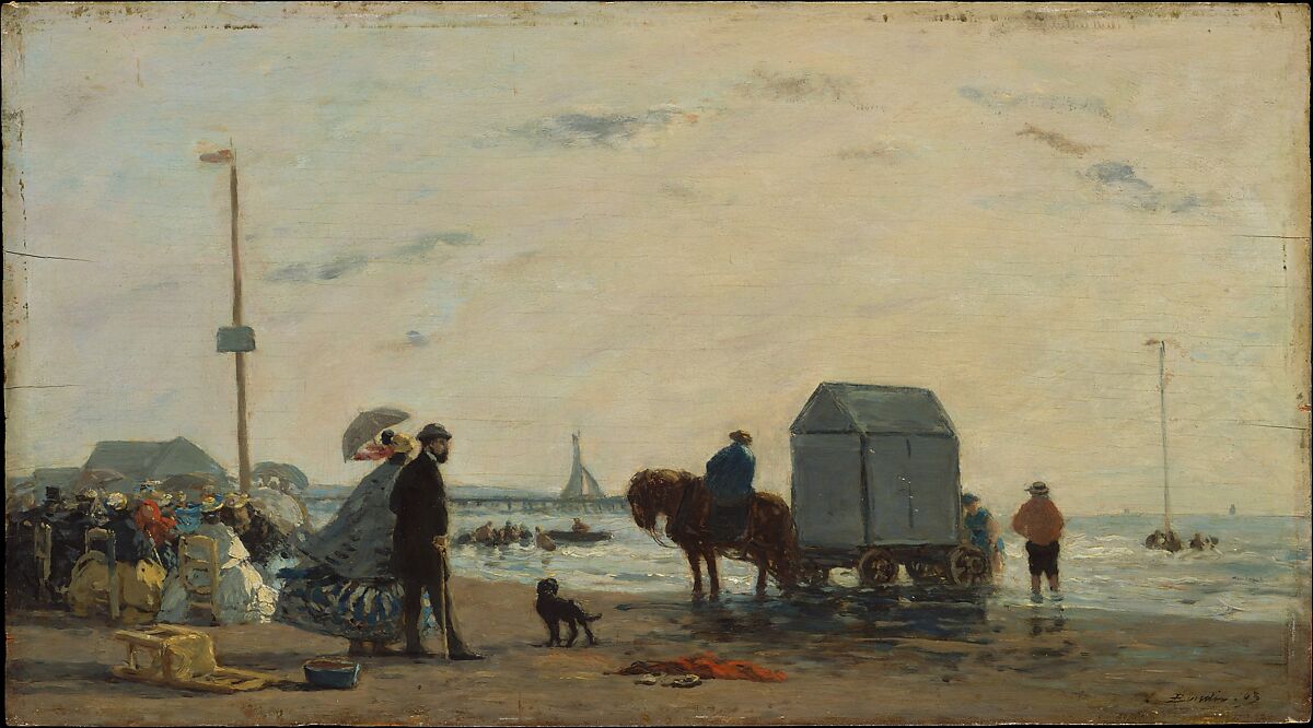 On the Beach at Trouville, Eugène Boudin (French, Honfleur 1824–1898 Deauville), Oil on wood 