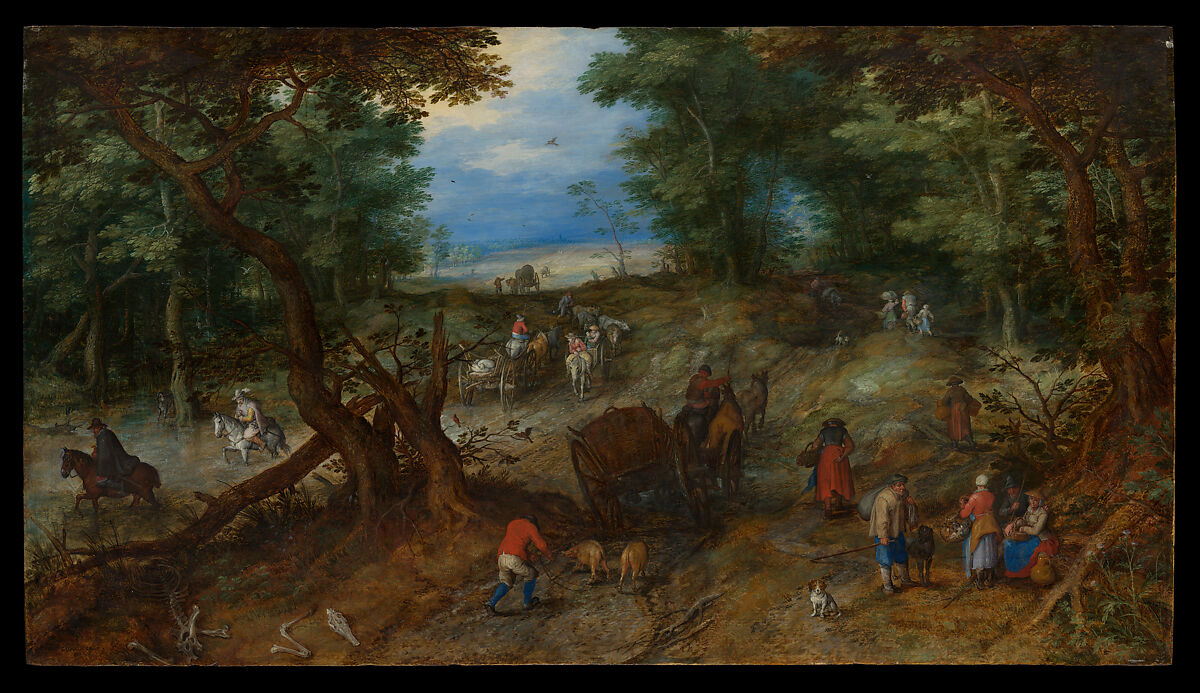 A Woodland Road with Travelers, Jan Brueghel the Elder (Netherlandish, Brussels 1568–1625 Antwerp), Oil on wood 