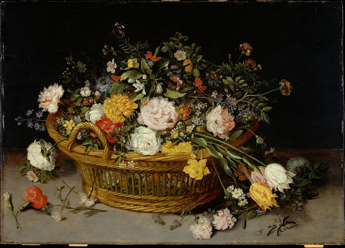 A Basket of Flowers, Jan Brueghel the Younger (Flemish, Antwerp 1601–1678 Antwerp), Oil on wood 