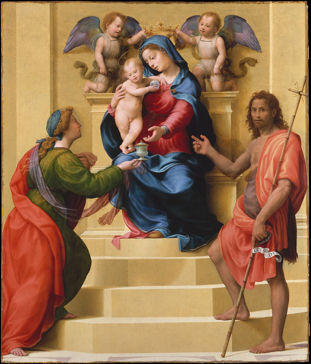 Madonna and Child Enthroned with Saints Mary Magdalen and John the Baptist, Giuliano di Piero di Simone Bugiardini (Italian, Florence 1475–1554 Florence), Oil on wood 