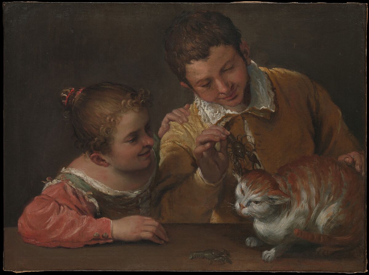 Two Children Teasing a Cat, Annibale Carracci  Italian, Oil on canvas