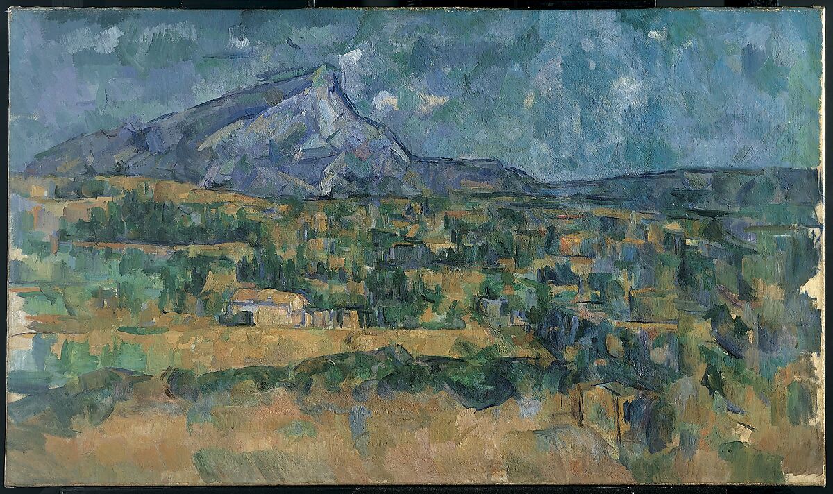 Oil painting of a mountain with trees in the foreground and a few houses in the distance