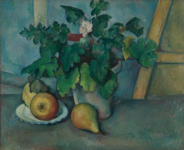 Still Life with Apples and a Pot of Primroses, Paul Cézanne (French, Aix-en-Provence 1839–1906 Aix-en-Provence), Oil on canvas