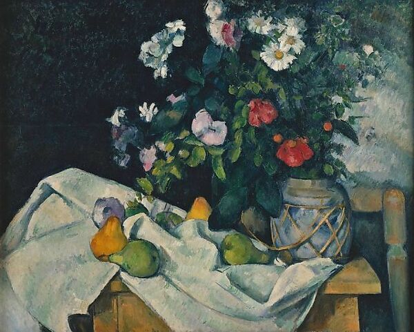 Still Life with Apples and a Pot of Primroses, Paul Cézanne (French, Aix-en-Provence 1839–1906 Aix-en-Provence), Oil on canvas