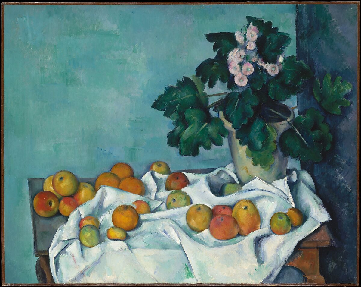 Still Life with Apples and a Pot of Primroses, Paul Cézanne (French, Aix-en-Provence 1839–1906 Aix-en-Provence), Oil on canvas 