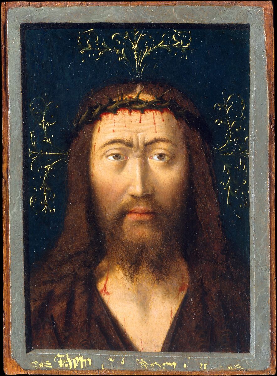 Head of Christ (Ecce Homo), Petrus Christus (Netherlandish, Baarle-Hertog (Baerle-Duc), active by 1444–died 1475/76 Bruges), Oil on parchment, laid down on wood 