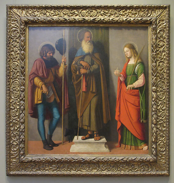Three Saints: Roch, Anthony Abbot, and Lucy, Cima da Conegliano (Giovanni Battista Cima) (Italian, Conegliano ca. 1459–1517/18 Venice or Conegliano), Oil on canvas, transferred from wood