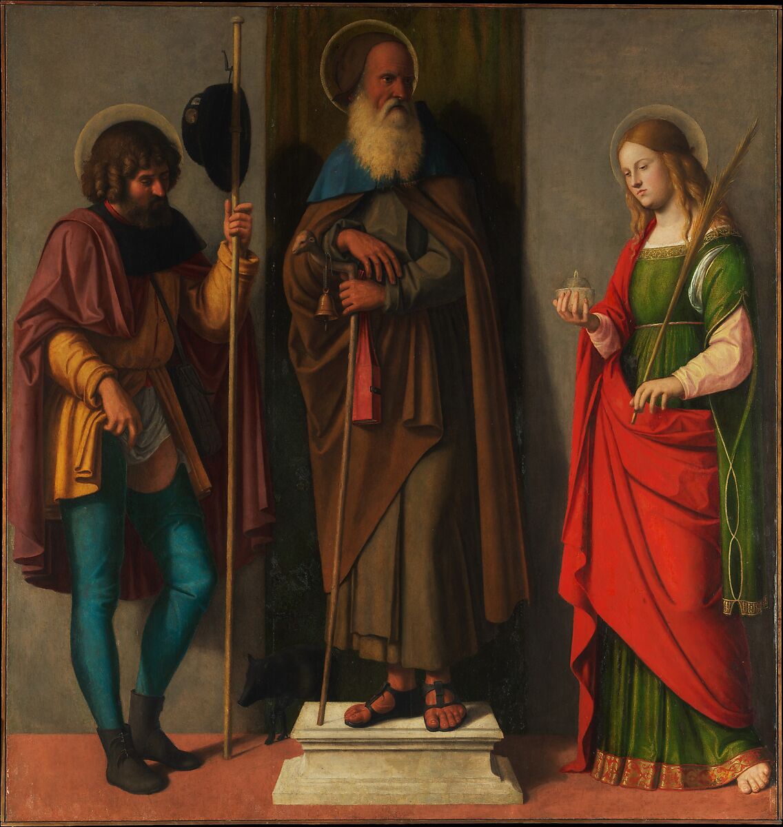 Three Saints: Roch, Anthony Abbot, and Lucy, Cima da Conegliano (Giovanni Battista Cima) (Italian, Conegliano ca. 1459–1517/18 Venice or Conegliano), Oil on canvas, transferred from wood 