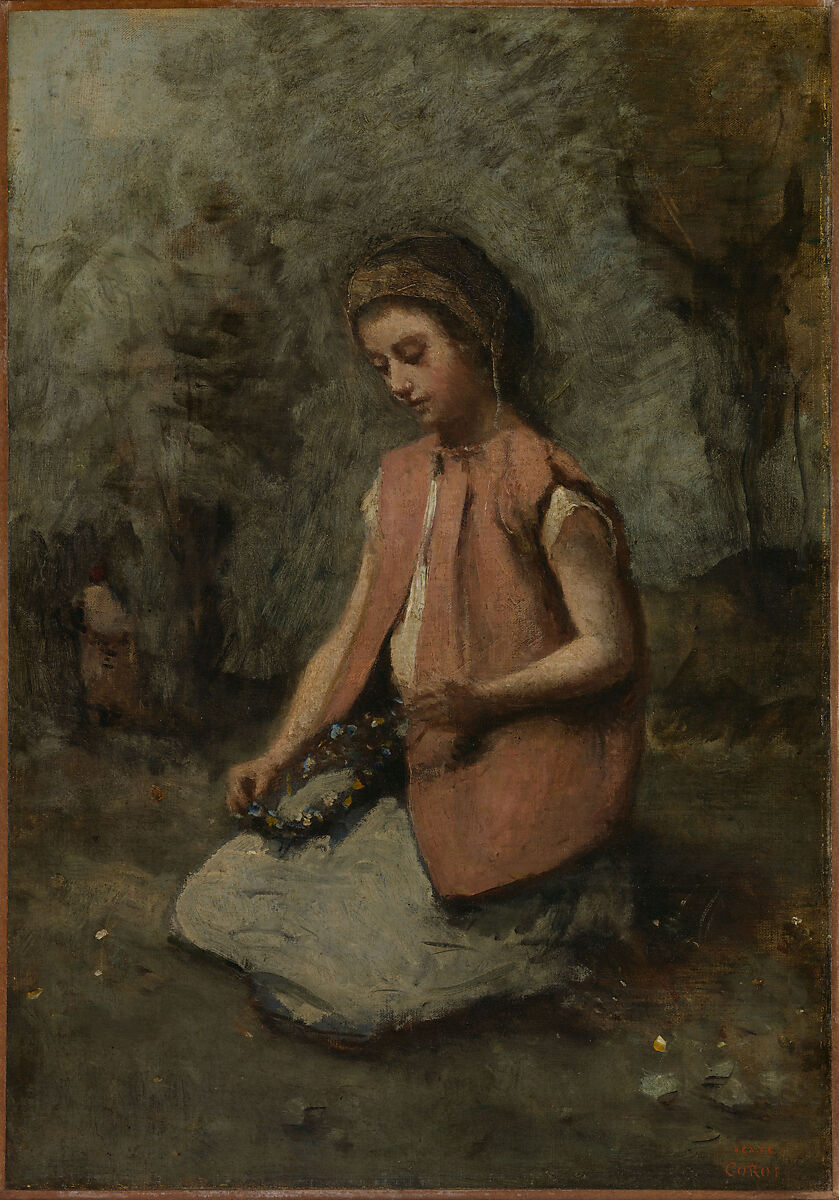 Girl Weaving a Garland, Camille Corot (French, Paris 1796–1875 Paris), Oil on canvas 