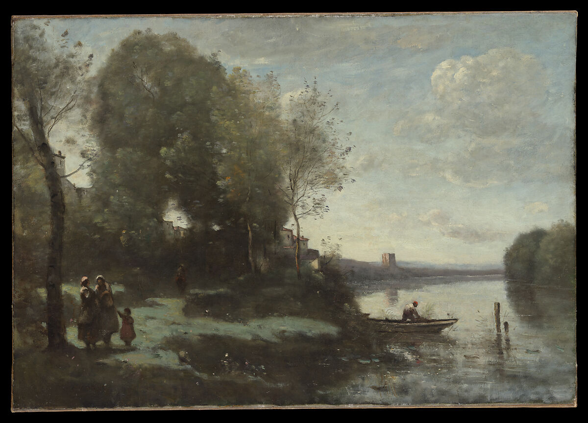 River with a Distant Tower, Camille Corot (French, Paris 1796–1875 Paris), Oil on canvas 