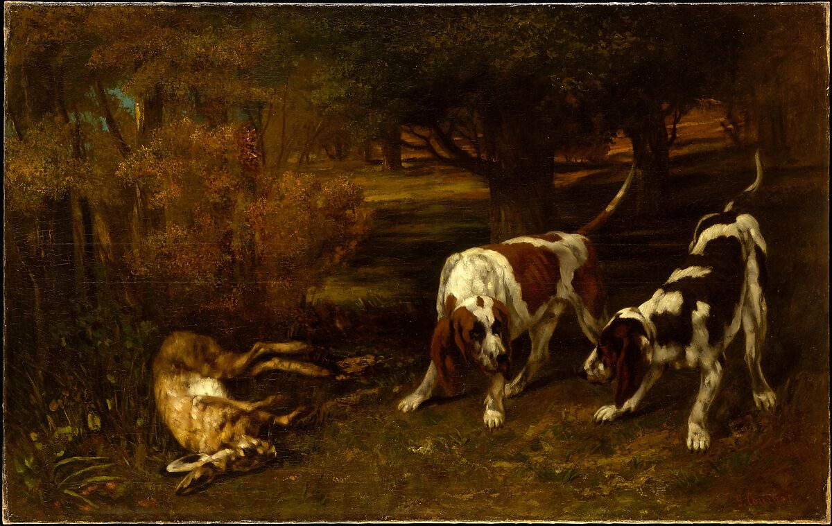 Hunting Dogs with Dead Hare, Gustave Courbet (French, Ornans 1819–1877 La Tour-de-Peilz), Oil on canvas 