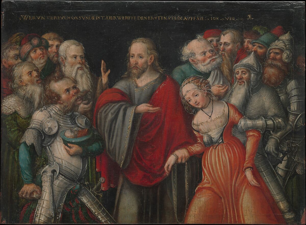 Christ and the Adulteress, Lucas Cranach the Younger and Workshop (German, Wittenberg 1515–1586 Wittenberg), Oil on beech 