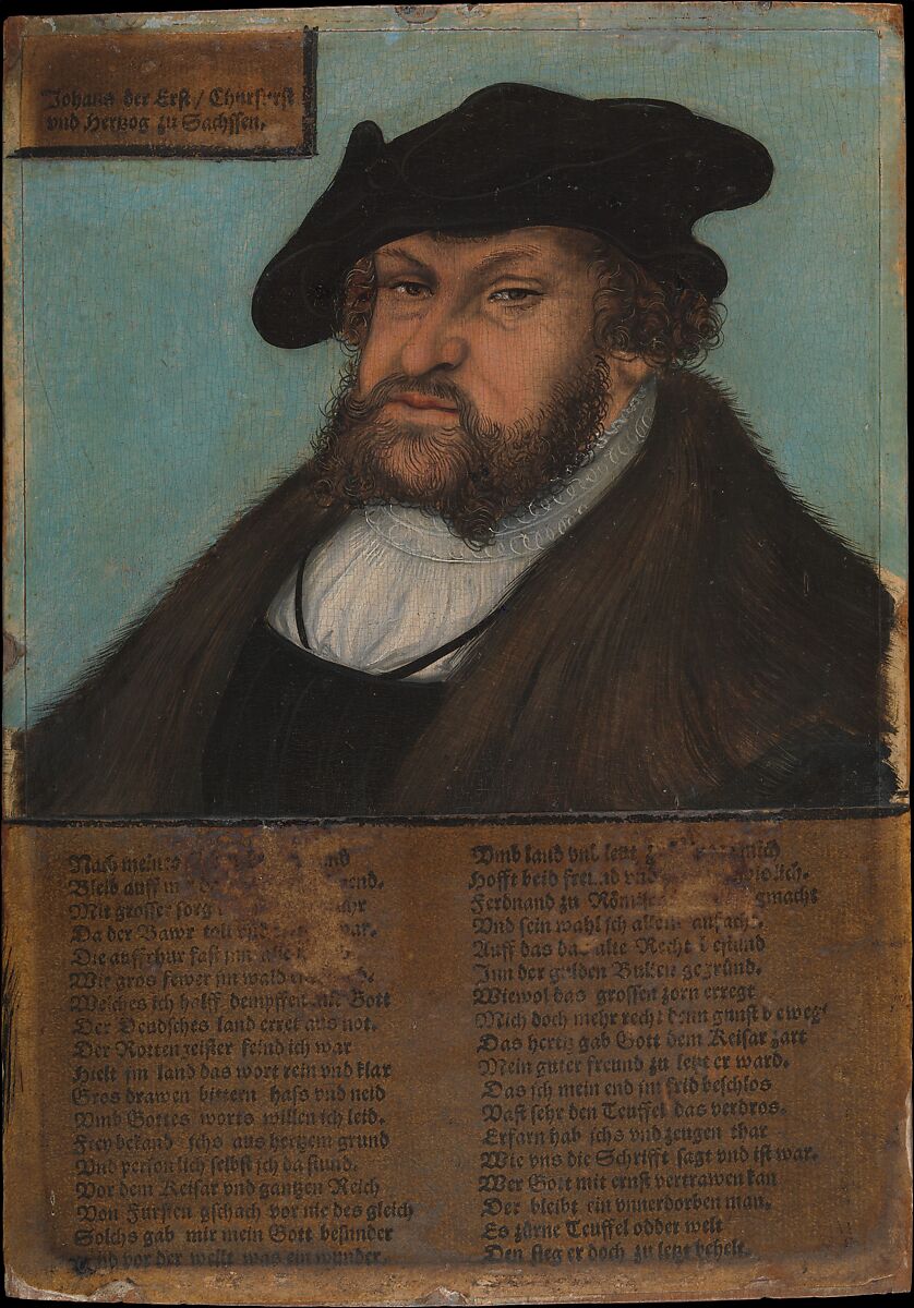 Johann I (1468–1532), the Constant, Elector of Saxony, Lucas Cranach the Elder and Workshop (German, Kronach 1472–1553 Weimar), Oil on beech, with letterpress-printed paper labels 