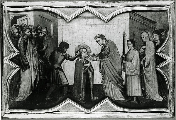 Saint Lucy and Her Mother at the Shrine of Saint Agatha; Saint Lucy Giving Alms; Saint Lucy before Paschasius; Saint Lucy Resisting Efforts to Move Her, Giovanni di Bartolommeo Cristiani (Italian, Florence, active 1367–98), Tempera on wood, gold ground