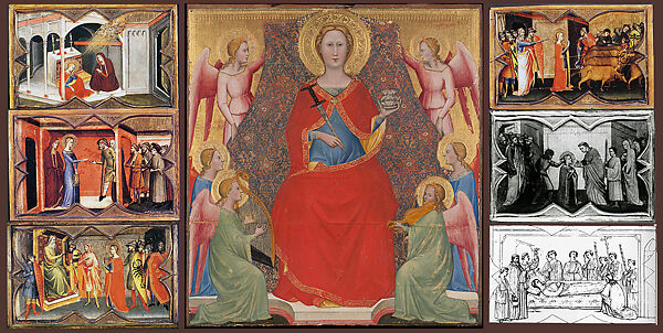 Saint Lucy and Her Mother at the Shrine of Saint Agatha; Saint Lucy Giving Alms; Saint Lucy before Paschasius; Saint Lucy Resisting Efforts to Move Her, Giovanni di Bartolommeo Cristiani (Italian, Florence, active 1367–98), Tempera on wood, gold ground