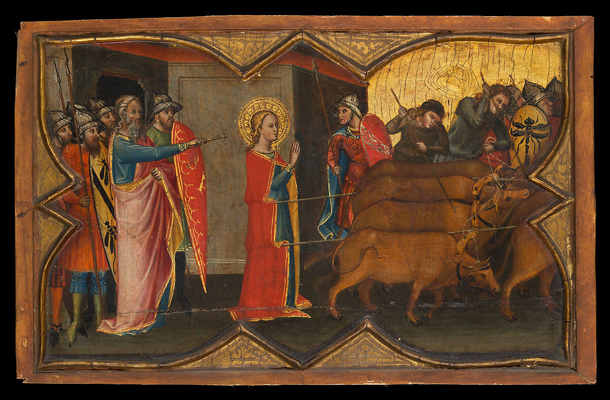 Saint Lucy and Her Mother at the Shrine of Saint Agatha; Saint Lucy Giving Alms; Saint Lucy before Paschasius; Saint Lucy Resisting Efforts to Move Her, Giovanni di Bartolommeo Cristiani (Italian, Florence, active 1367–98), Tempera on wood, gold ground