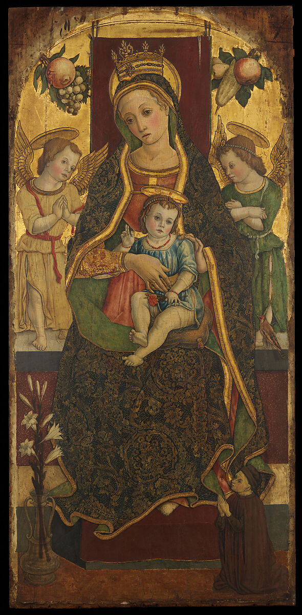 Madonna and Child Enthroned with Two Angels and a Donor, Vittore Crivelli (Italian, Venice, active by 1465–died 1501/2 Fermo), Tempera on wood, gold ground 