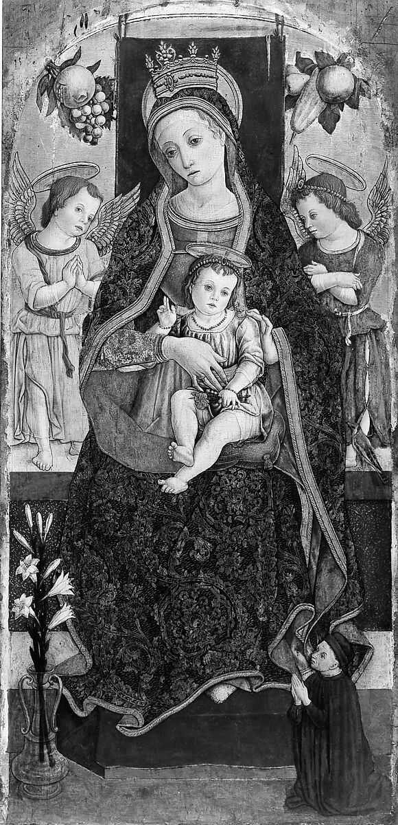 Madonna and Child Enthroned with Two Angels and a Donor, Vittore Crivelli (Italian, Venice, active by 1465–died 1501/2 Fermo), Tempera on wood, gold ground 
