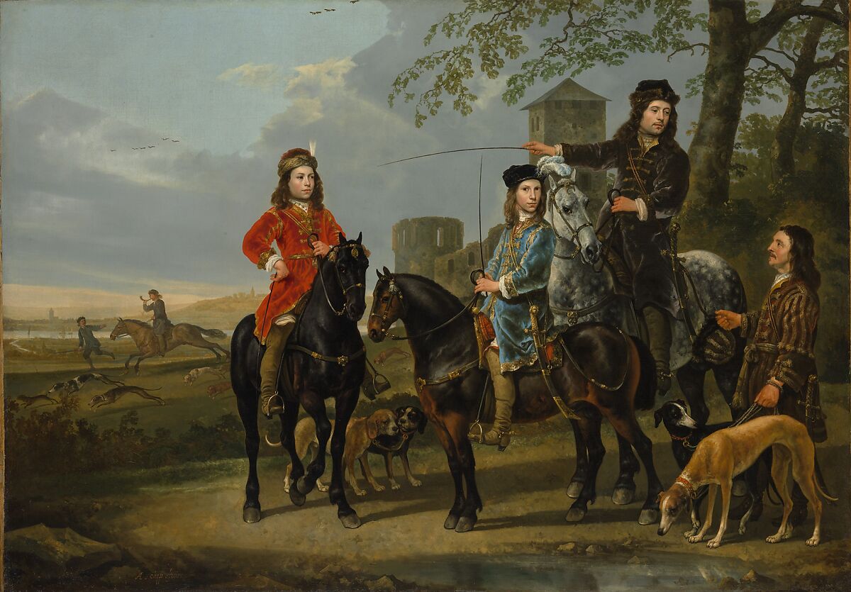 Equestrian Portrait of Cornelis (1639–1680) and Michiel Pompe van Meerdervoort (1638–1653) with Their Tutor and Coachman, Aelbert Cuyp (Dutch, Dordrecht 1620–1691 Dordrecht), Oil on canvas 