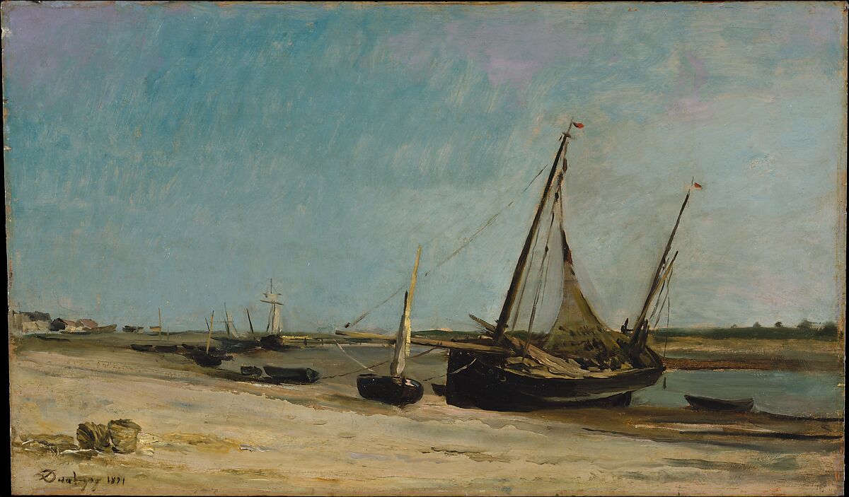 Boats on the Seacoast at Étaples, Charles-François Daubigny (French, Paris 1817–1878 Paris), Oil on wood 