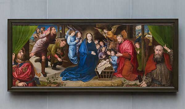 The Nativity with Donors and Saints Jerome and Leonard, Gerard David (Netherlandish, Oudewater ca. 1455–1523 Bruges), Oil on canvas, transferred from wood