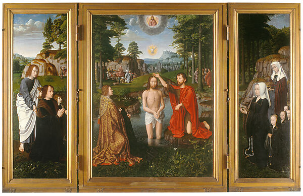 The Nativity with Donors and Saints Jerome and Leonard, Gerard David (Netherlandish, Oudewater ca. 1455–1523 Bruges), Oil on canvas, transferred from wood