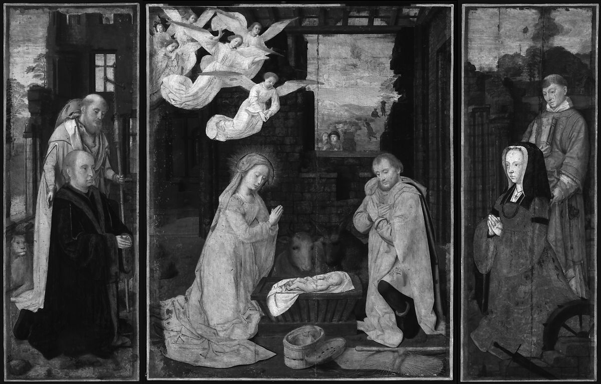 The Nativity with Donors and Saints Jerome and Leonard, Gerard David (Netherlandish, Oudewater ca. 1455–1523 Bruges), Oil on canvas, transferred from wood