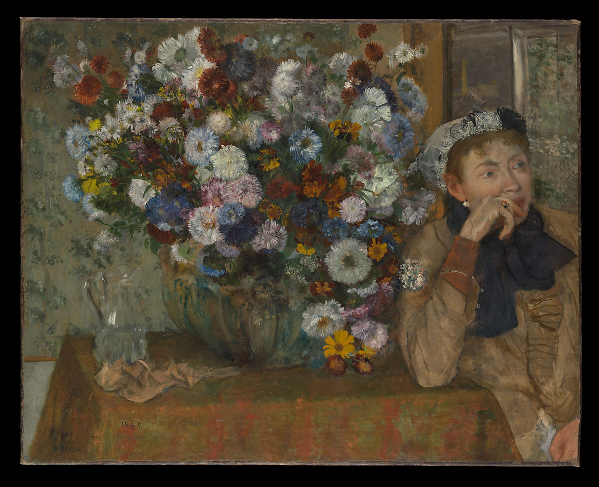 A Woman Seated beside a Vase of Flowers (Madame Paul Valpinçon?), Edgar Degas (French, Paris 1834–1917 Paris), Oil on canvas 