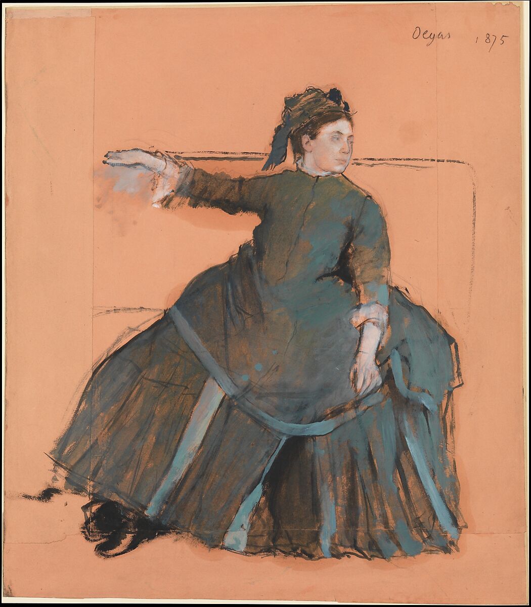 Woman on a Sofa, Edgar Degas  French, Oil colors freely mixed with turpentine, with touches of pastel, over graphite underdrawing, on pink paper