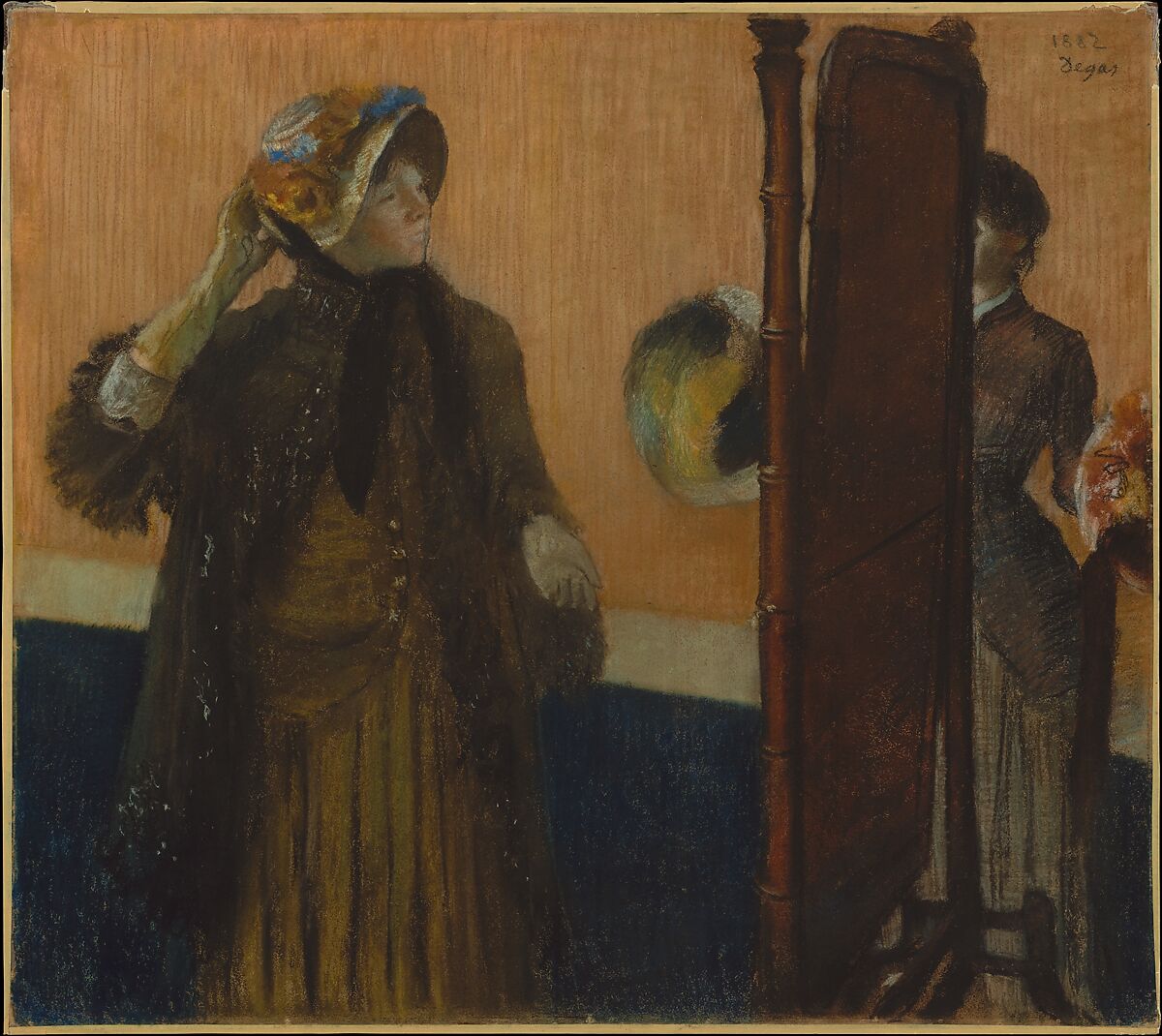 At the Milliner's, Edgar Degas (French, Paris 1834–1917 Paris), Pastel on pale gray wove paper (industrial wrapping paper), laid down on silk bolting 