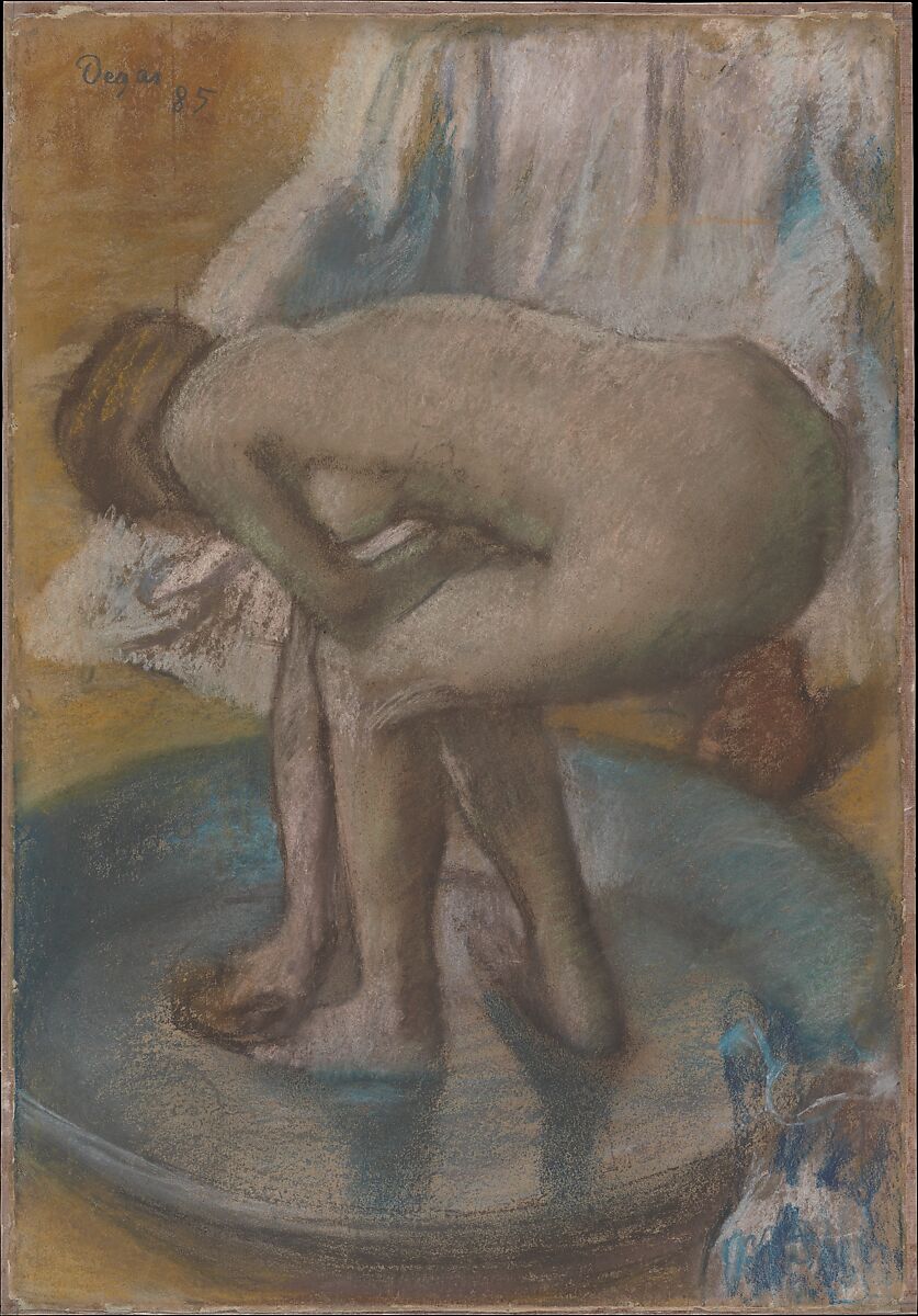 Woman Bathing in a Shallow Tub, Edgar Degas (French, Paris 1834–1917 Paris), Charcoal and pastel on light green wove paper, now discolored to warm gray, laid down on silk bolting 