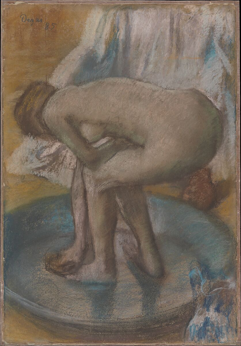 Woman Bathing in a Shallow Tub, Edgar Degas  French, Charcoal and pastel on light green wove paper, now discolored to warm gray, laid down on silk bolting