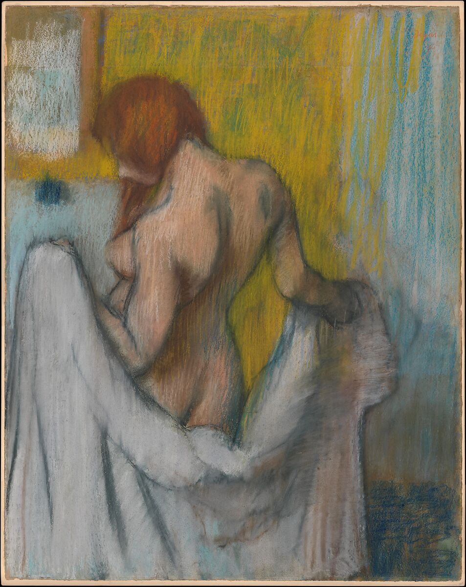 Woman with a Towel, Edgar Degas (French, Paris 1834–1917 Paris), Pastel on cream-colored wove paper with red and blue fibers throughout 