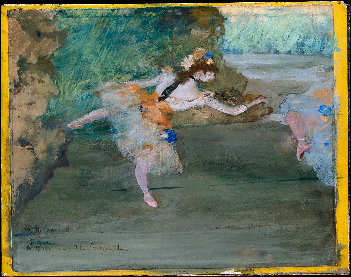 Dancer Onstage, Edgar Degas (French, Paris 1834–1917 Paris), Gouache over graphite underdrawing on thin wove commercially coated yellow paper, laid down on board 