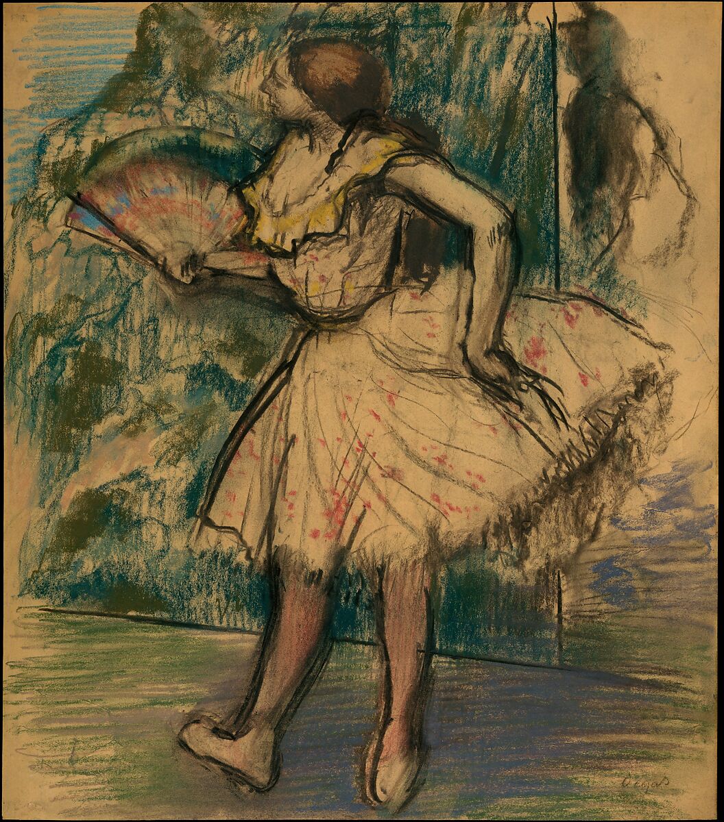 Dancer with a Fan, Edgar Degas (French, Paris 1834–1917 Paris), Pastel and charcoal on buff-colored wove tracing paper 