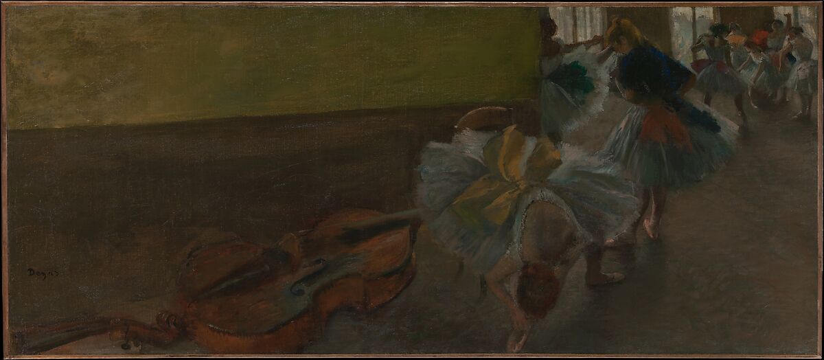 Dancers in the Rehearsal Room with a Double Bass, Edgar Degas  French, Oil on canvas