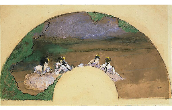 Fan Mount: Dancers, Edgar Degas (French, Paris 1834–1917 Paris), Watercolor and metallic paint on silk